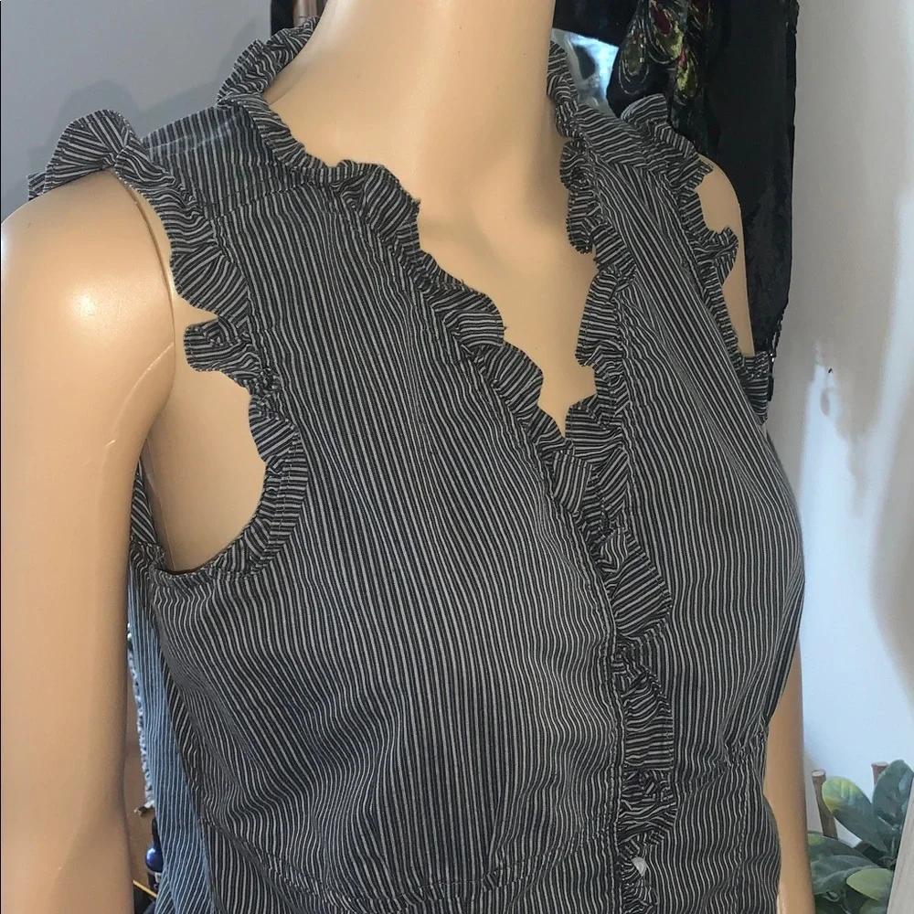 Y2K Denver Hayes grey black pinstripe sleeveless ruffle shirt top M - Picture 7 of 10